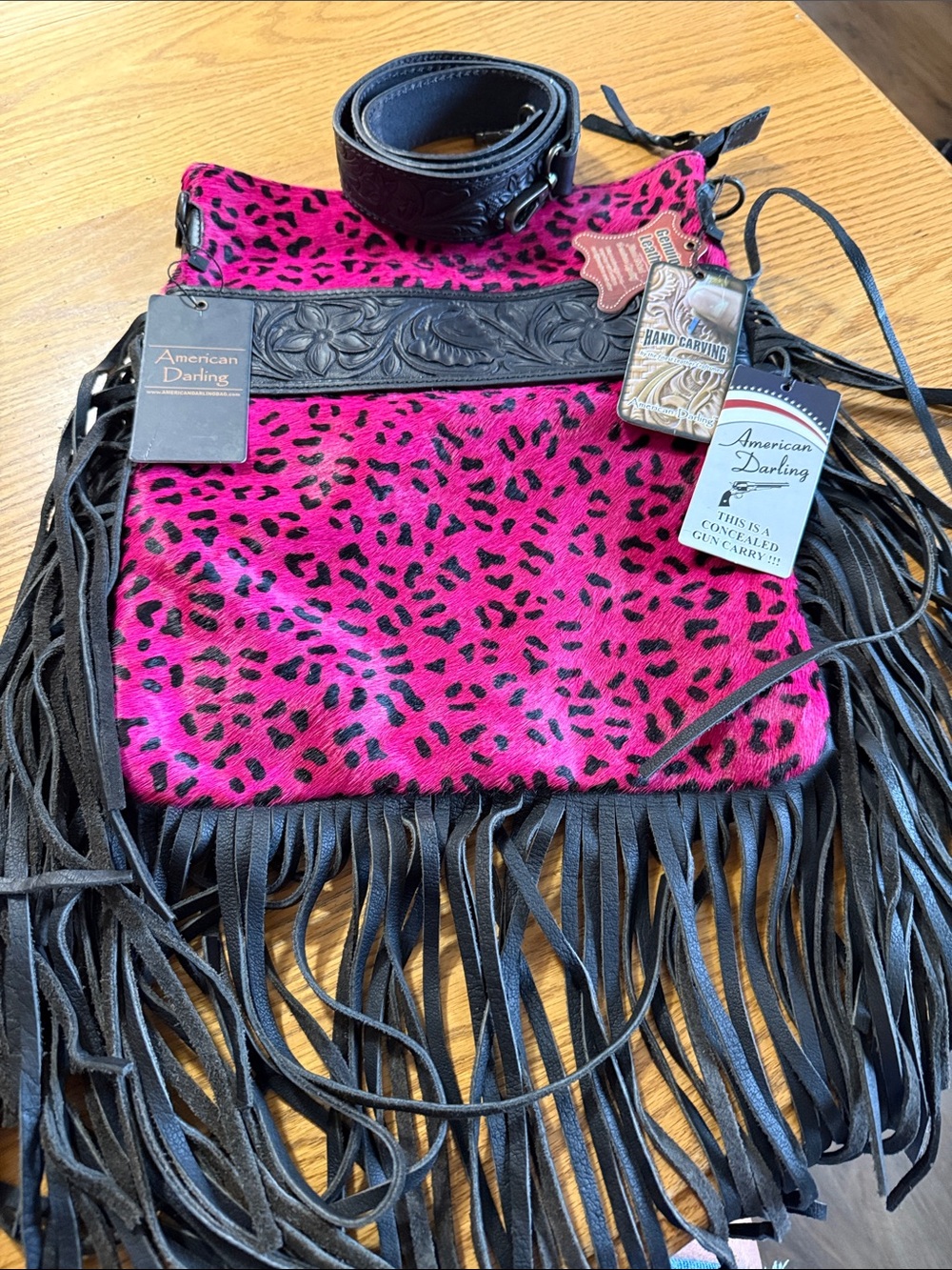 American Darling Hot Pink Leopard Fringe Shoulder Bag with Black Trim